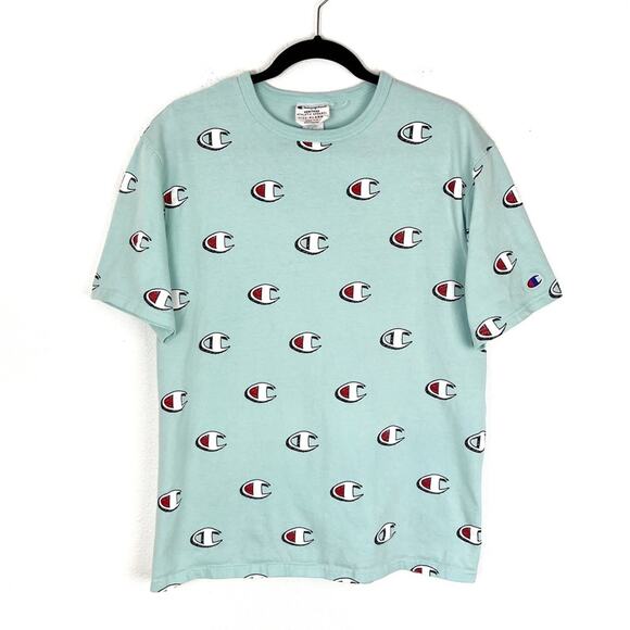 Vintage Champion T Shirt Short Sleeve 100% Cotton Large Logo Unisex XL Aqua - Picture 1 of 11